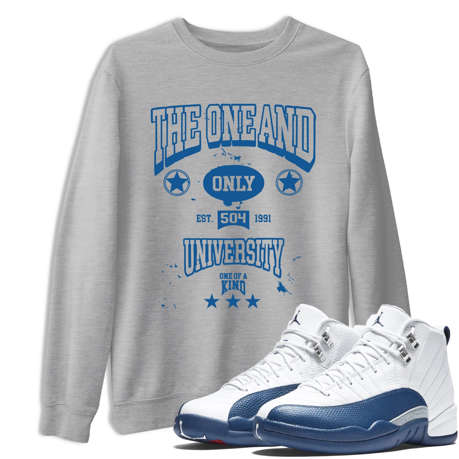The One And Only University sneaker match t-shirt styled to complete your fit with the Air Jordan 12 French Blue sneakers, shown in Heather Grey 1.