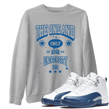 The One And Only University sneaker match t-shirt styled to complete your fit with the Air Jordan 12 French Blue sneakers, shown in Heather Grey 1.