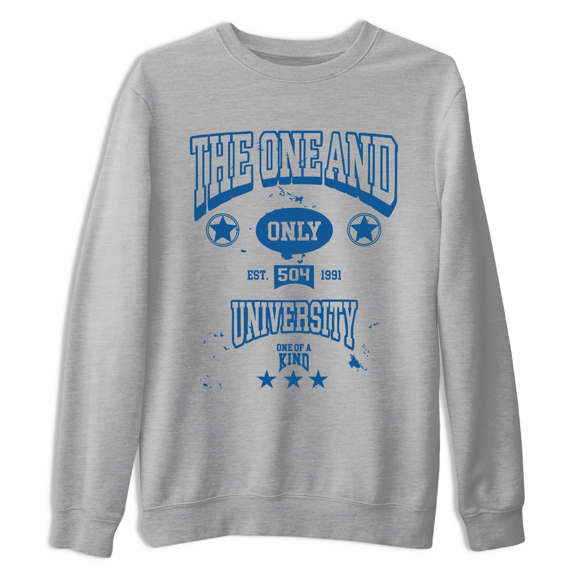 The One And Only University sneaker match t-shirt styled to complete your fit with the Air Jordan 12 French Blue sneakers, shown in Heather Grey 2.
