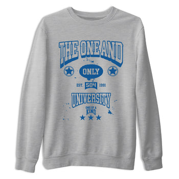 The One And Only University sneaker match t-shirt styled to complete your fit with the Air Jordan 12 French Blue sneakers, shown in Heather Grey 2.
