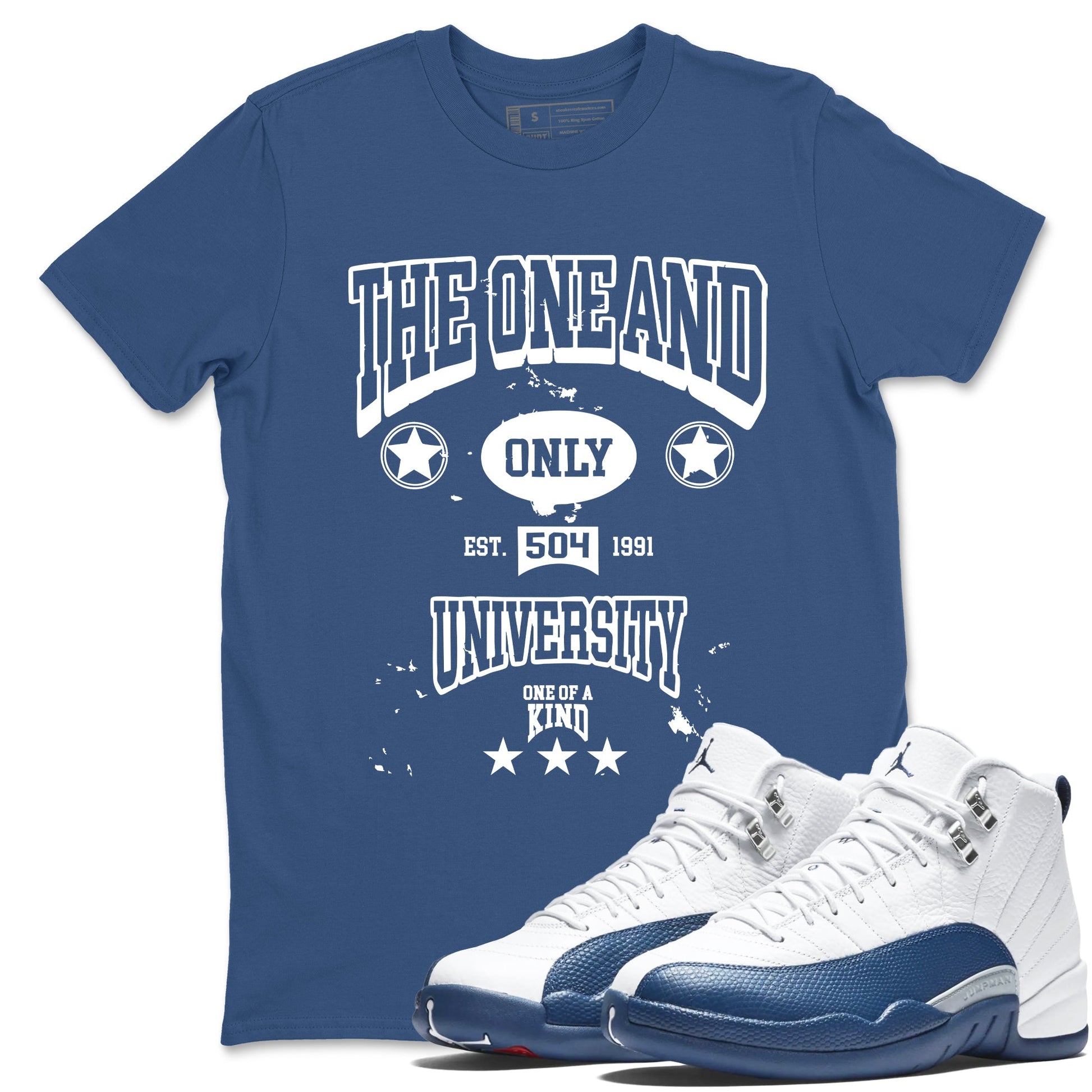 The One And Only University sneaker match t-shirt styled to complete your fit with the Air Jordan 12 French Blue sneakers, shown in Denim Blue 1.