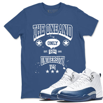 The One And Only University sneaker match t-shirt styled to complete your fit with the Air Jordan 12 French Blue sneakers, shown in Denim Blue 1.