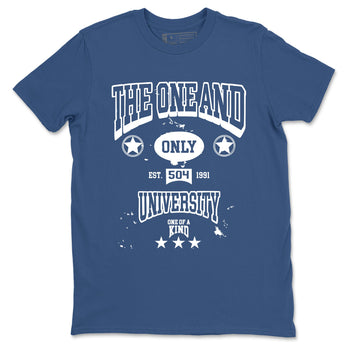 The One And Only University sneaker match t-shirt styled to complete your fit with the Air Jordan 12 French Blue sneakers, shown in Denim Blue 2.