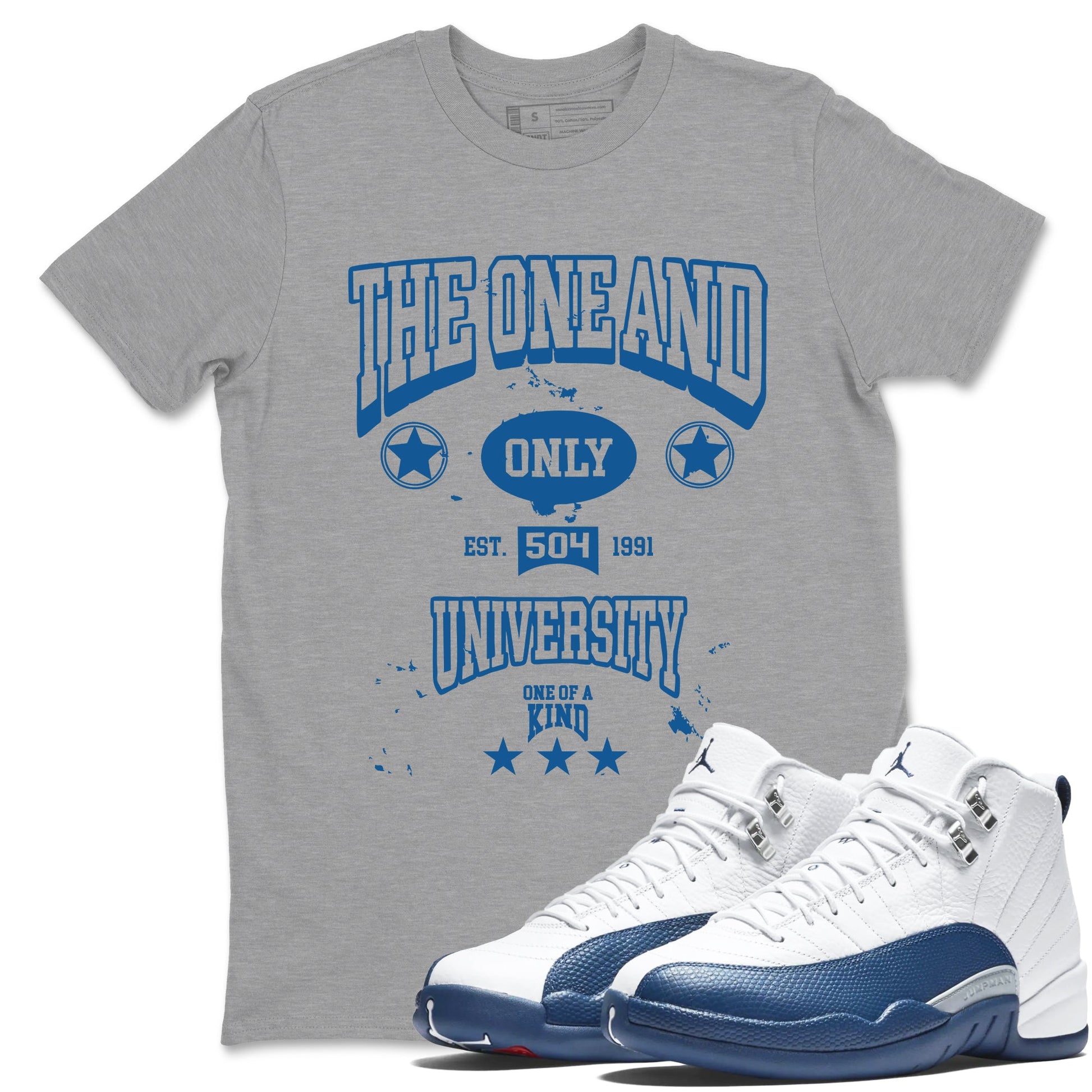 The One And Only University sneaker match t-shirt styled to complete your fit with the Air Jordan 12 French Blue sneakers, shown in Heather Grey 1.