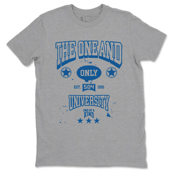 The One And Only University sneaker match t-shirt styled to complete your fit with the Air Jordan 12 French Blue sneakers, shown in Heather Grey 2.