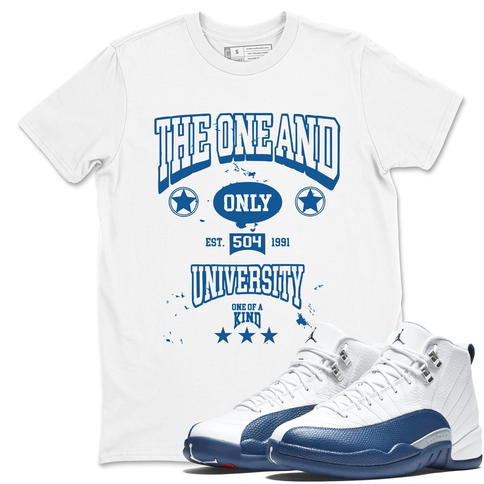 The One And Only University sneaker match t-shirt styled to complete your fit with the Air Jordan 12 French Blue sneakers, shown in White 1.