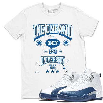 The One And Only University sneaker match t-shirt styled to complete your fit with the Air Jordan 12 French Blue sneakers, shown in White 1.
