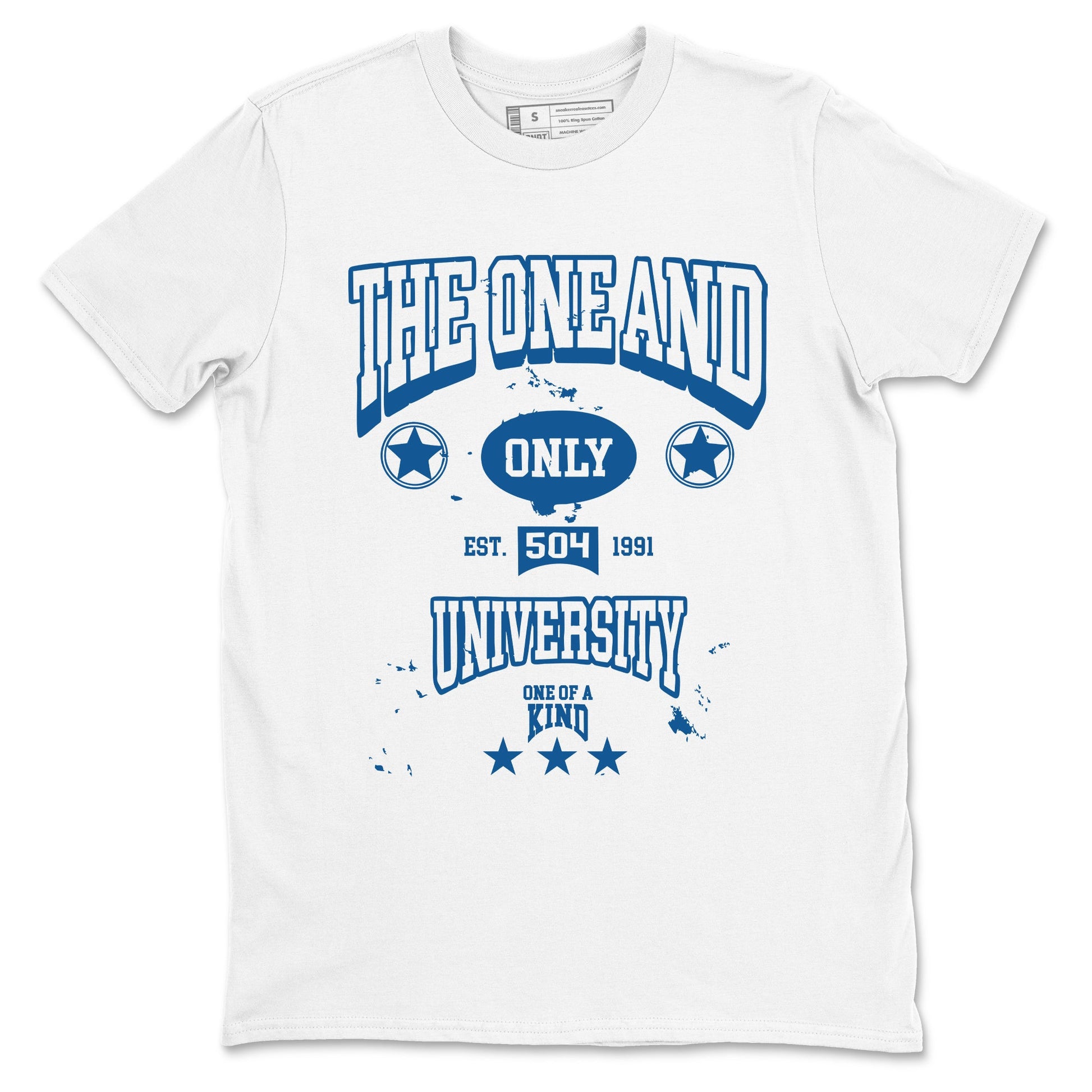 The One And Only University sneaker match t-shirt styled to complete your fit with the Air Jordan 12 French Blue sneakers, shown in White 2.