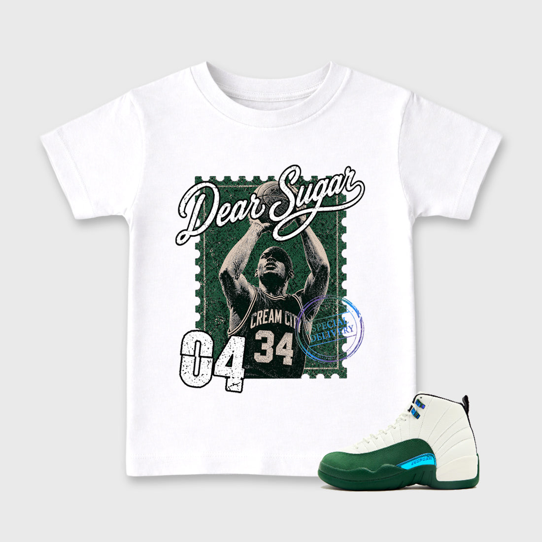 The Perfect Form Baby & Kids Graphic T-Shirt featuring original artwork designed to match the Air Jordan 12 Bucks. White 1 Kids Graphic Tee.