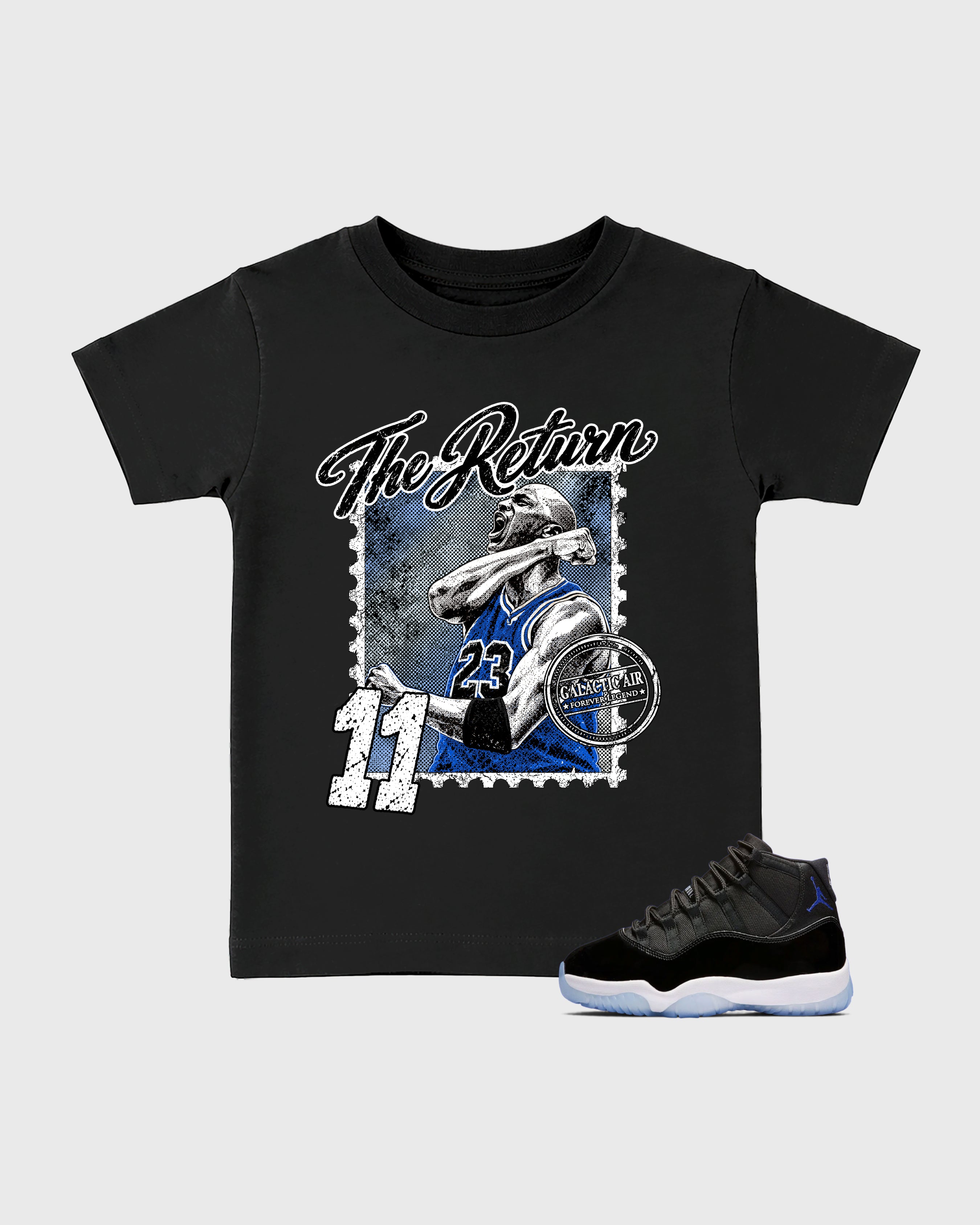 The Return Baby & Kids Graphic T-Shirt featuring original artwork designed to match the Air Jordan 11 Retro Space Jam. Black 1 Kids Graphic Tee.