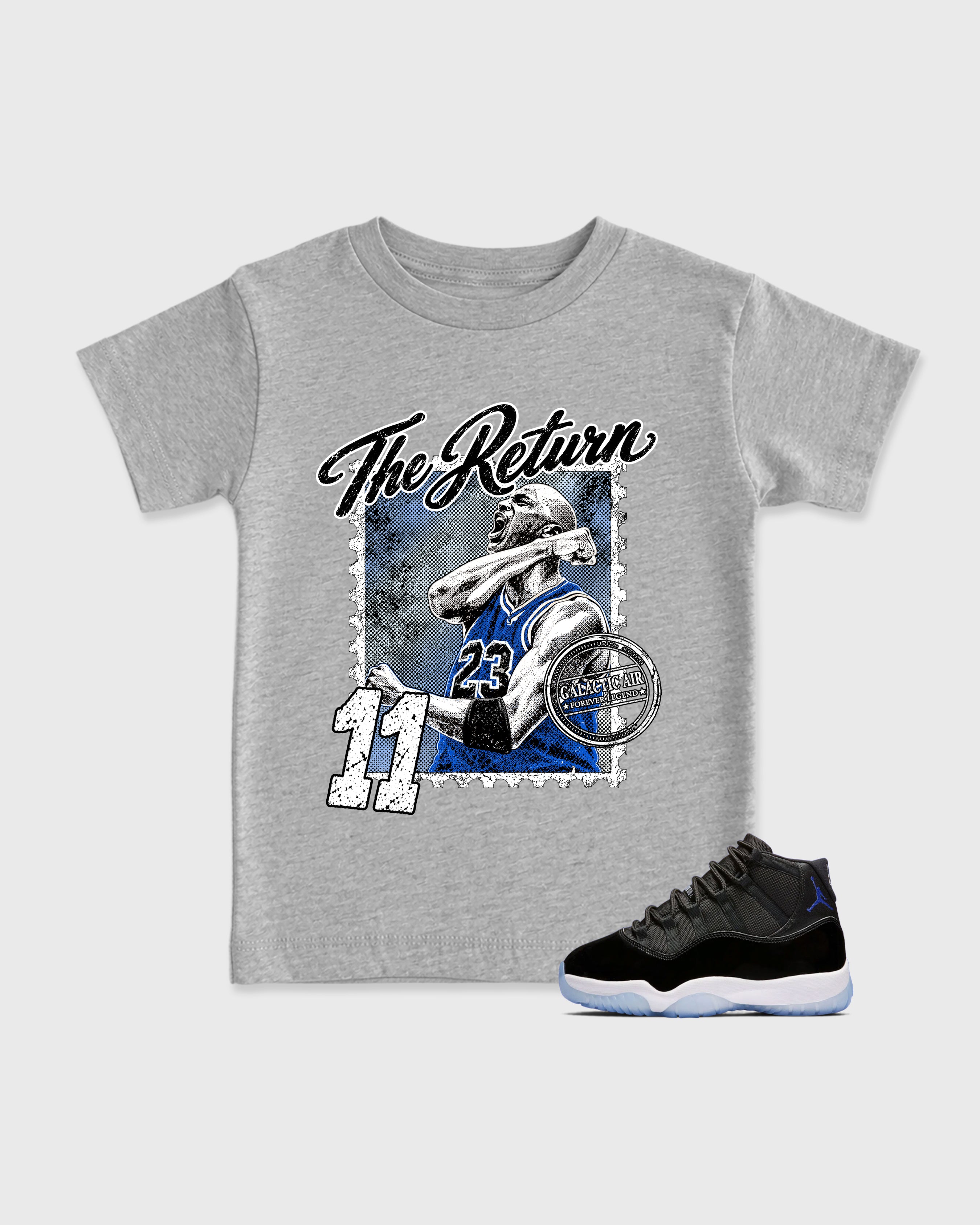 The Return Baby & Kids Graphic T-Shirt featuring original artwork designed to match the Air Jordan 11 Retro Space Jam. Heather Grey 1 Kids Graphic Tee.