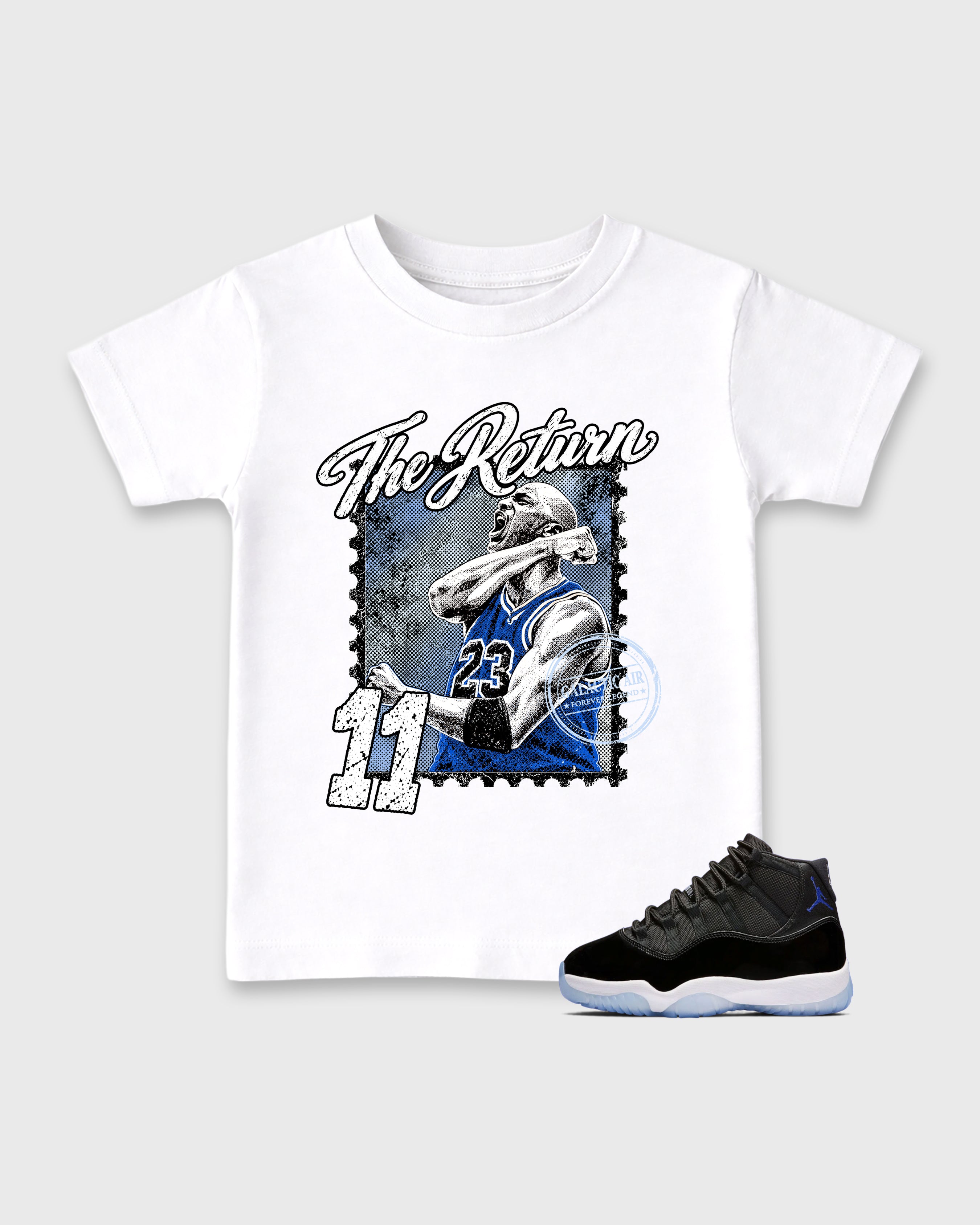The Return Baby & Kids Graphic T-Shirt featuring original artwork designed to match the Air Jordan 11 Retro Space Jam. White 1 Kids Graphic Tee.