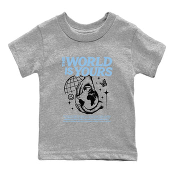 The World Is Yours baby and kids t-shirt crafted for little sneakerheads to shine with the Air Foamposite One Psychic Blue sneakers, displayed in Heather Grey 2.