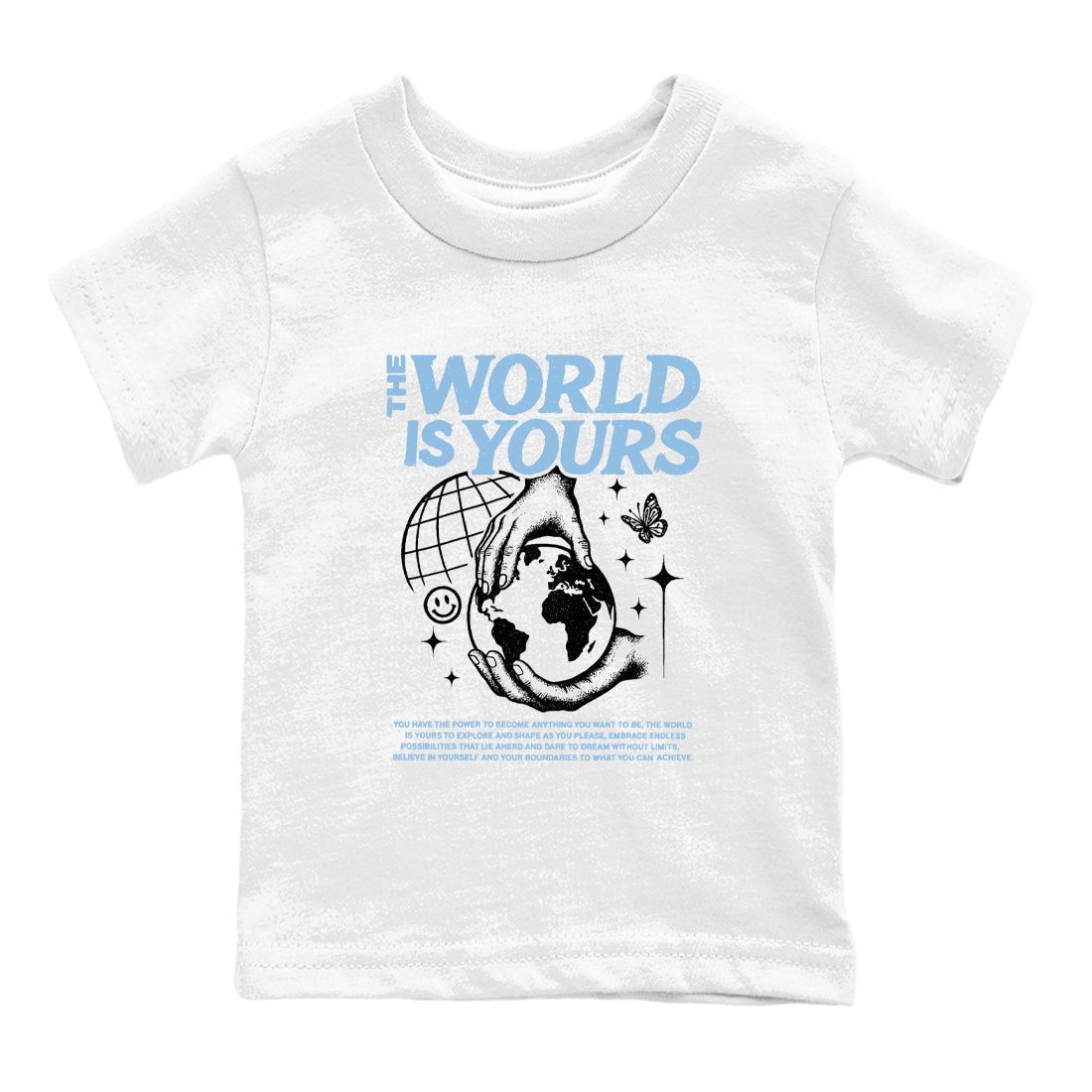 The World Is Yours baby and kids t-shirt crafted for little sneakerheads to shine with the Air Foamposite One Psychic Blue sneakers, displayed in White 2.