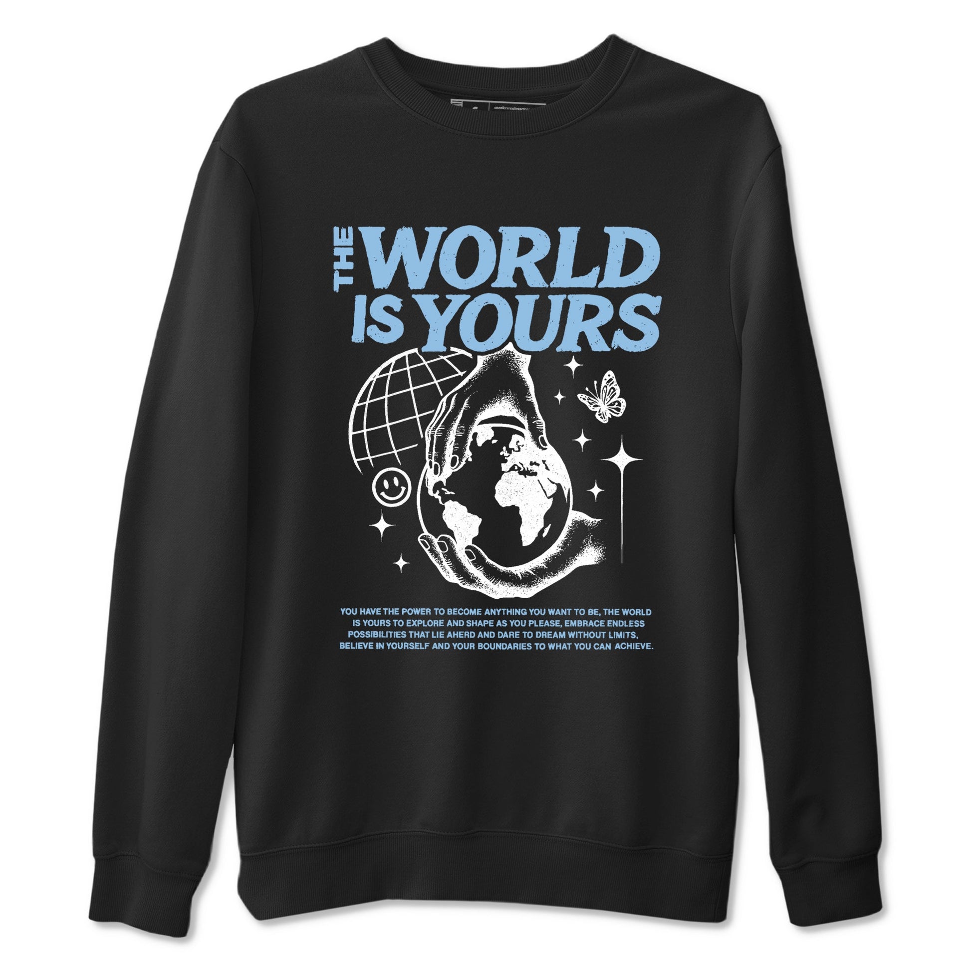 The World Is Yours sneaker match t-shirt styled to complete your fit with the Air Foamposite One Psychic Blue sneakers, shown in Black 2.