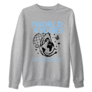 The World Is Yours sneaker match t-shirt styled to complete your fit with the Air Foamposite One Psychic Blue sneakers, shown in Heather Grey 2.