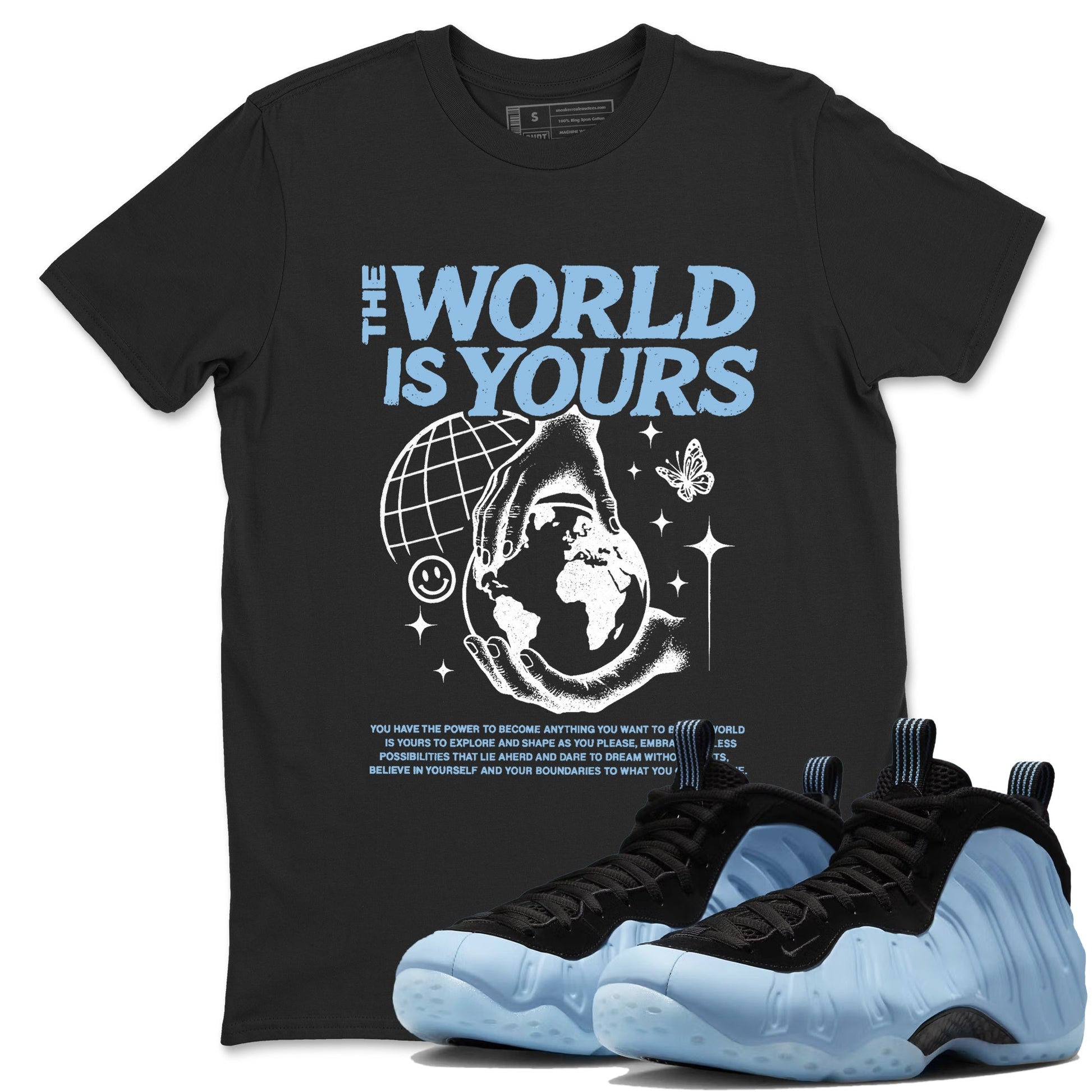 The World Is Yours sneaker match t-shirt styled to complete your fit with the Air Foamposite One Psychic Blue sneakers, shown in Black 1.