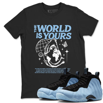 The World Is Yours sneaker match t-shirt styled to complete your fit with the Air Foamposite One Psychic Blue sneakers, shown in Black 1.