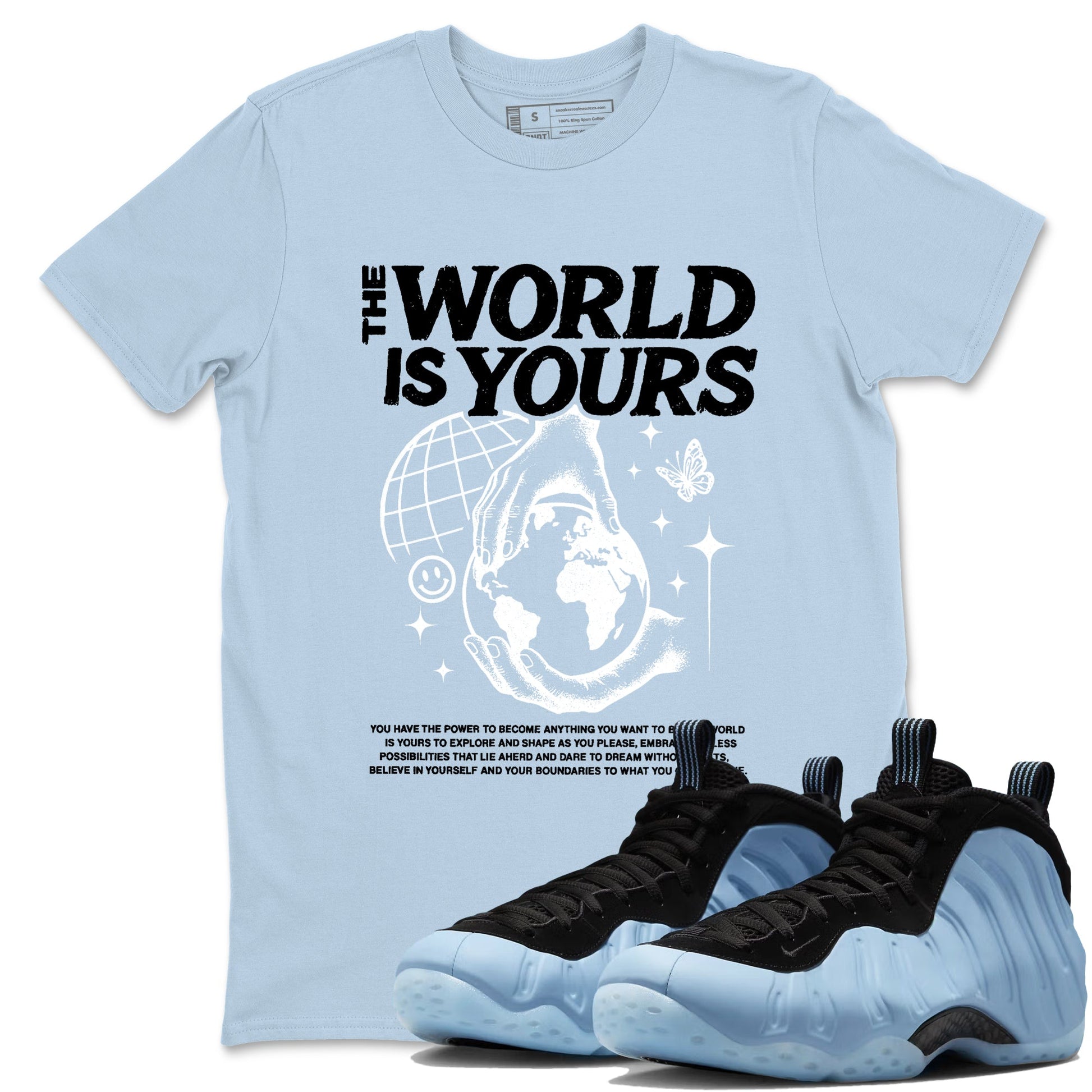 The World Is Yours sneaker match t-shirt styled to complete your fit with the Air Foamposite One Psychic Blue sneakers, shown in Light Blue 1.