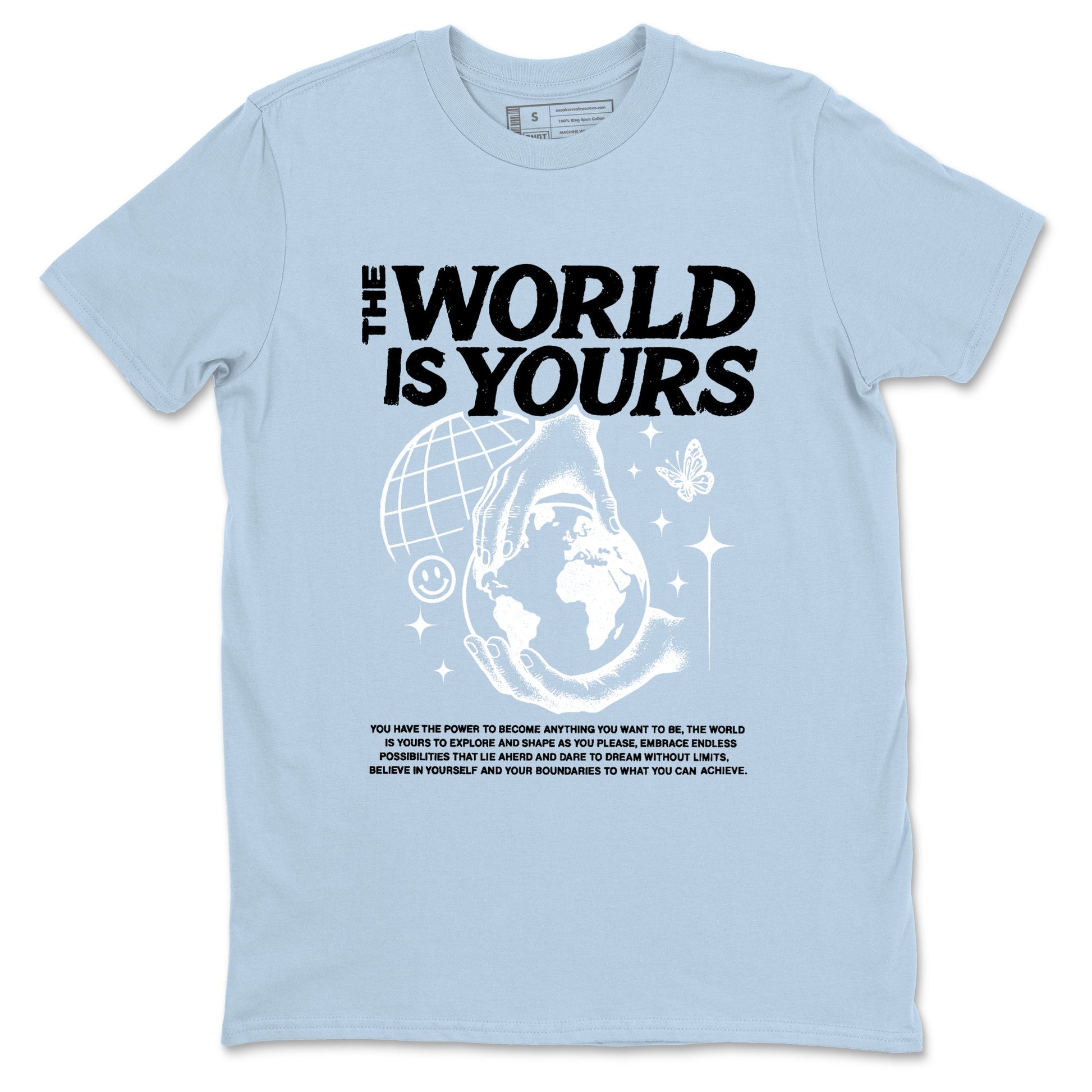 The World Is Yours sneaker match t-shirt styled to complete your fit with the Air Foamposite One Psychic Blue sneakers, shown in Light Blue 2.