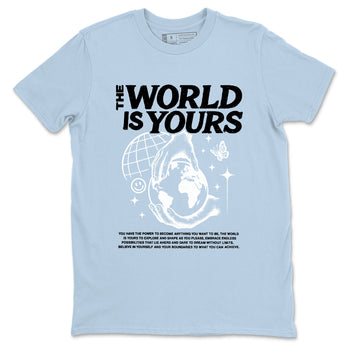 The World Is Yours sneaker match t-shirt styled to complete your fit with the Air Foamposite One Psychic Blue sneakers, shown in Light Blue 2.