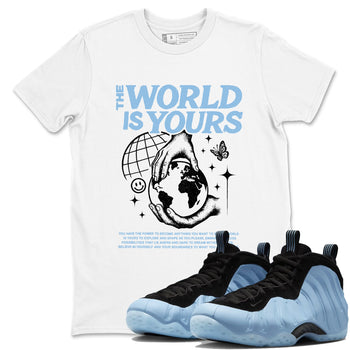 The World Is Yours sneaker match t-shirt styled to complete your fit with the Air Foamposite One Psychic Blue sneakers, shown in White 1.