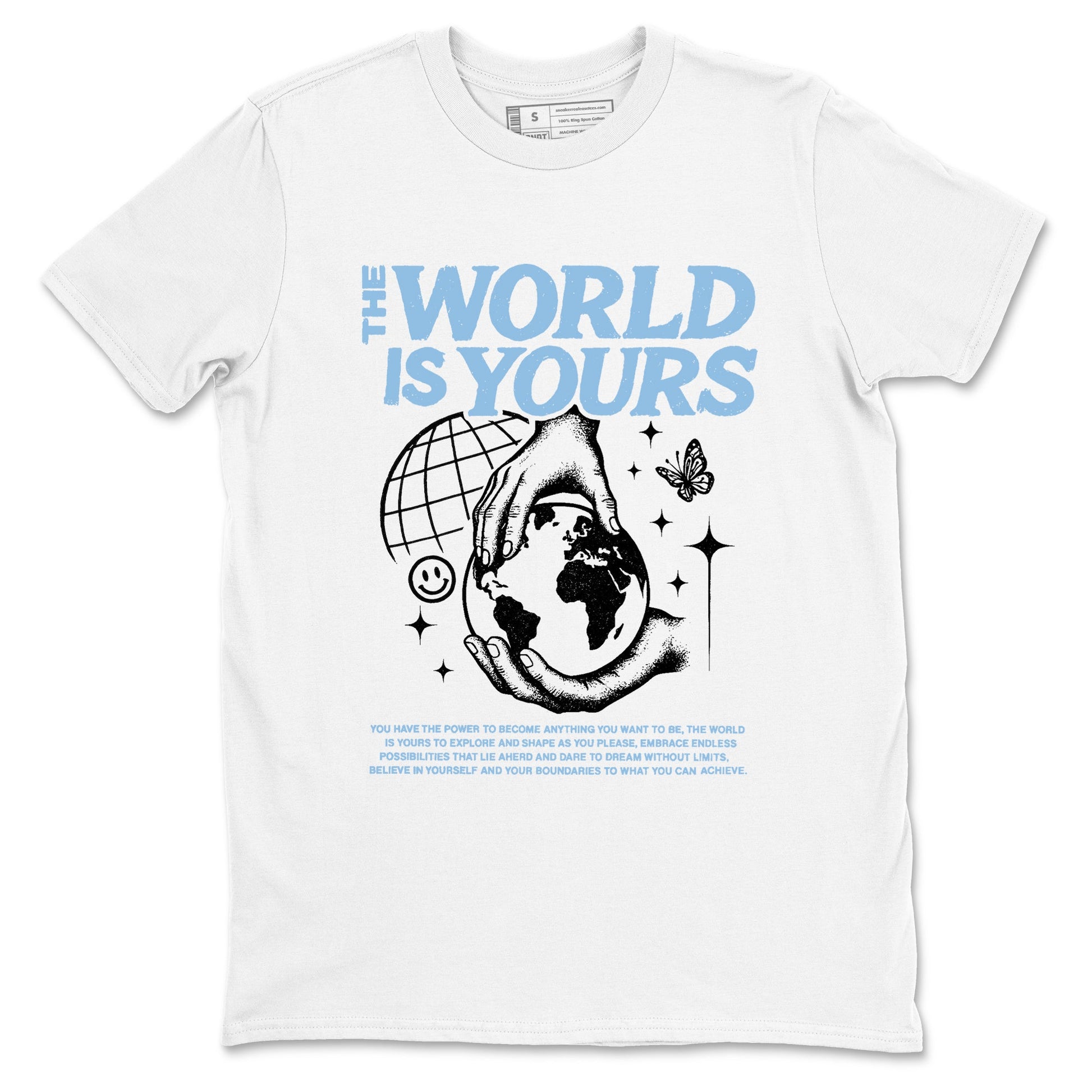 The World Is Yours sneaker match t-shirt styled to complete your fit with the Air Foamposite One Psychic Blue sneakers, shown in White 2.