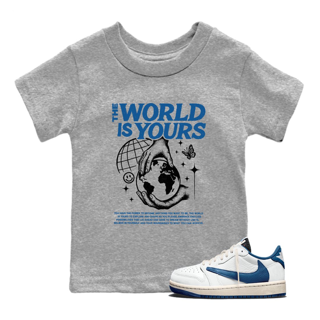 Sneaker match tees – Streetwear Graphic Tees Air Jordan 1 Travis Scott Fragment Sneakers – The World Is Yours Kids Craphic T-Shirt Heather Grey 1