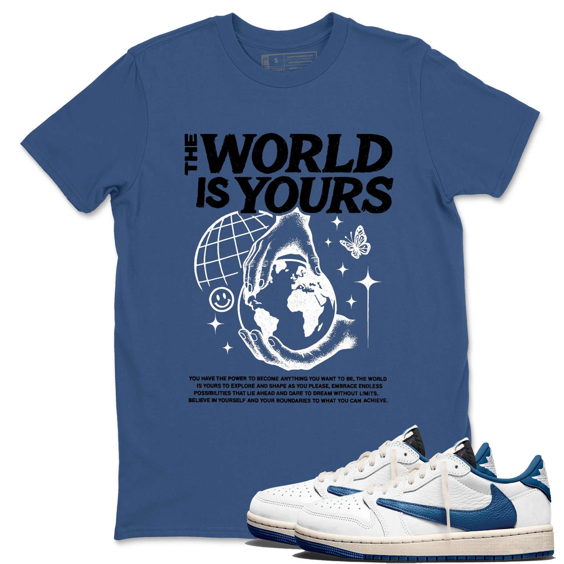 Sneaker match tees – Streetwear Graphic Tees Air Jordan 1 Travis Scott Fragment Sneakers – The World Is Yours Graphic Tee Denim Blue 1