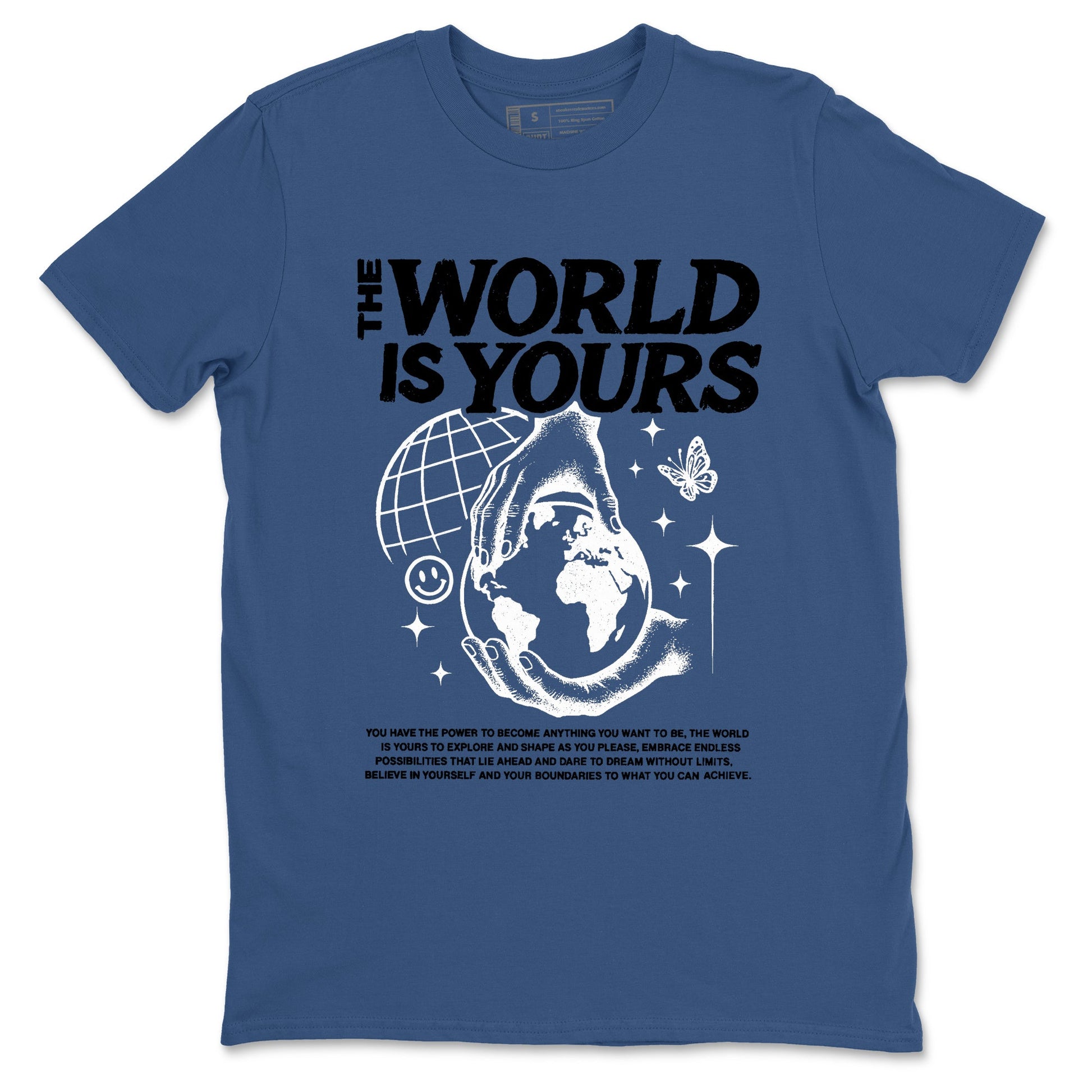 Sneaker match tees – Streetwear Graphic Tees Air Jordan 1 Travis Scott Fragment Sneakers – The World Is Yours Graphic Tee Denim Blue 2