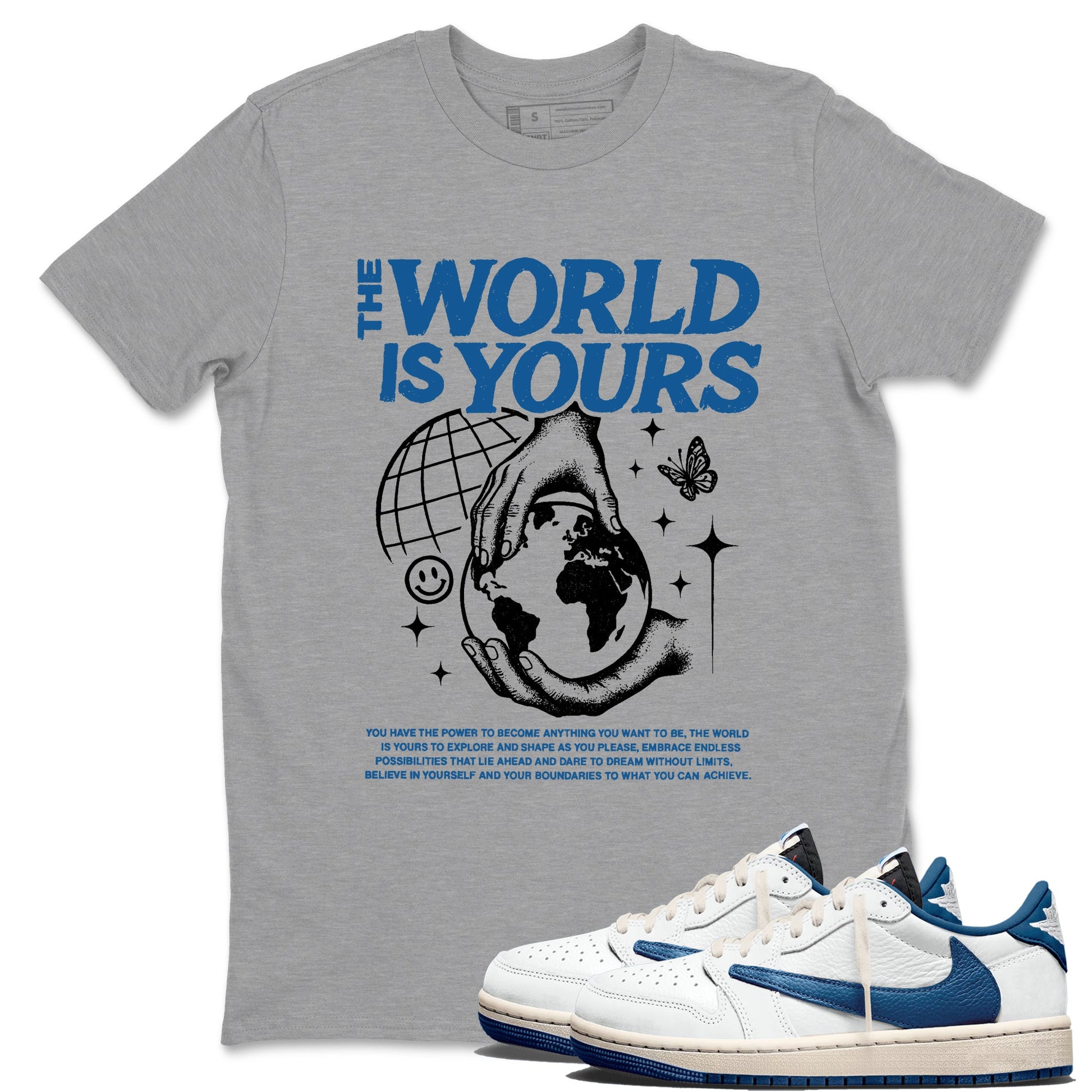 Sneaker match tees – Streetwear Graphic Tees Air Jordan 1 Travis Scott Fragment Sneakers – The World Is Yours Graphic Tee Heather Grey 1