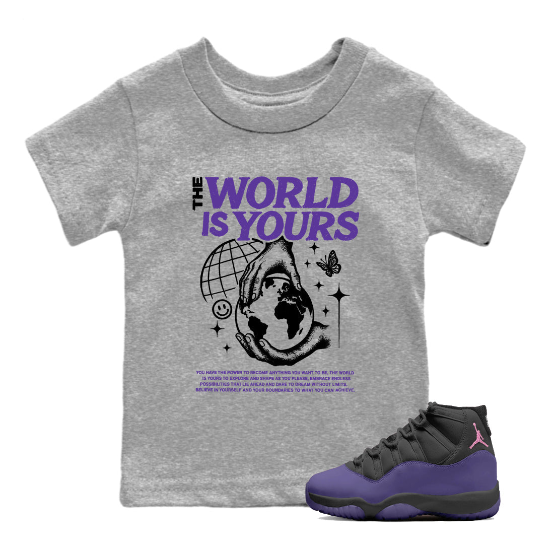 Sneaker match tees – Sneaker Tees To Match Air Jordan 11 Canyon Purple Shoes – The World Is Yours Kids T-Shirt Heather Grey 1