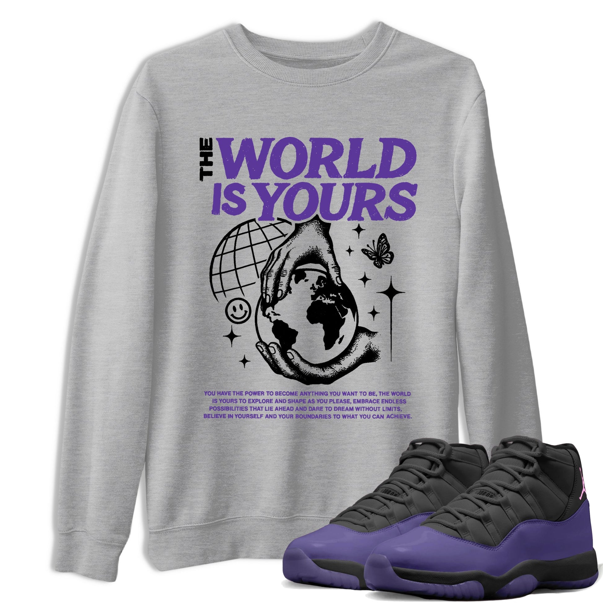 Sneaker match tees – Sneaker Tees To Match Air Jordan 11 Canyon Purple Shoes – The World Is Yours Tee Heather Grey 1