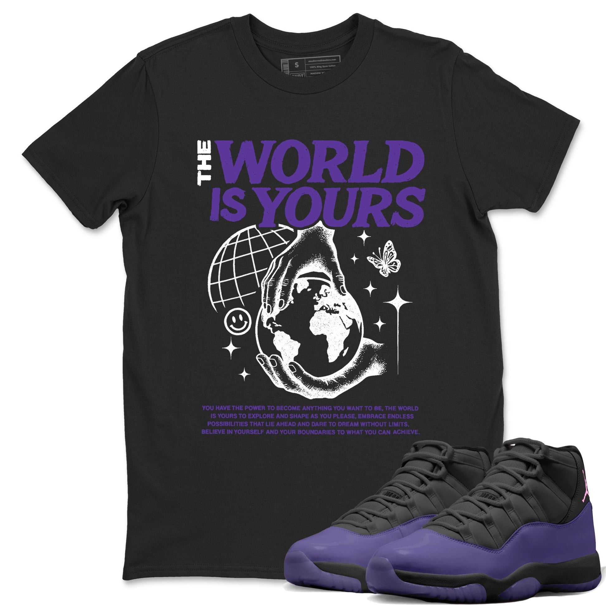 Sneaker match tees – Sneaker Tees To Match Air Jordan 11 Canyon Purple Shoes – The World Is Yours Tee Black 1
