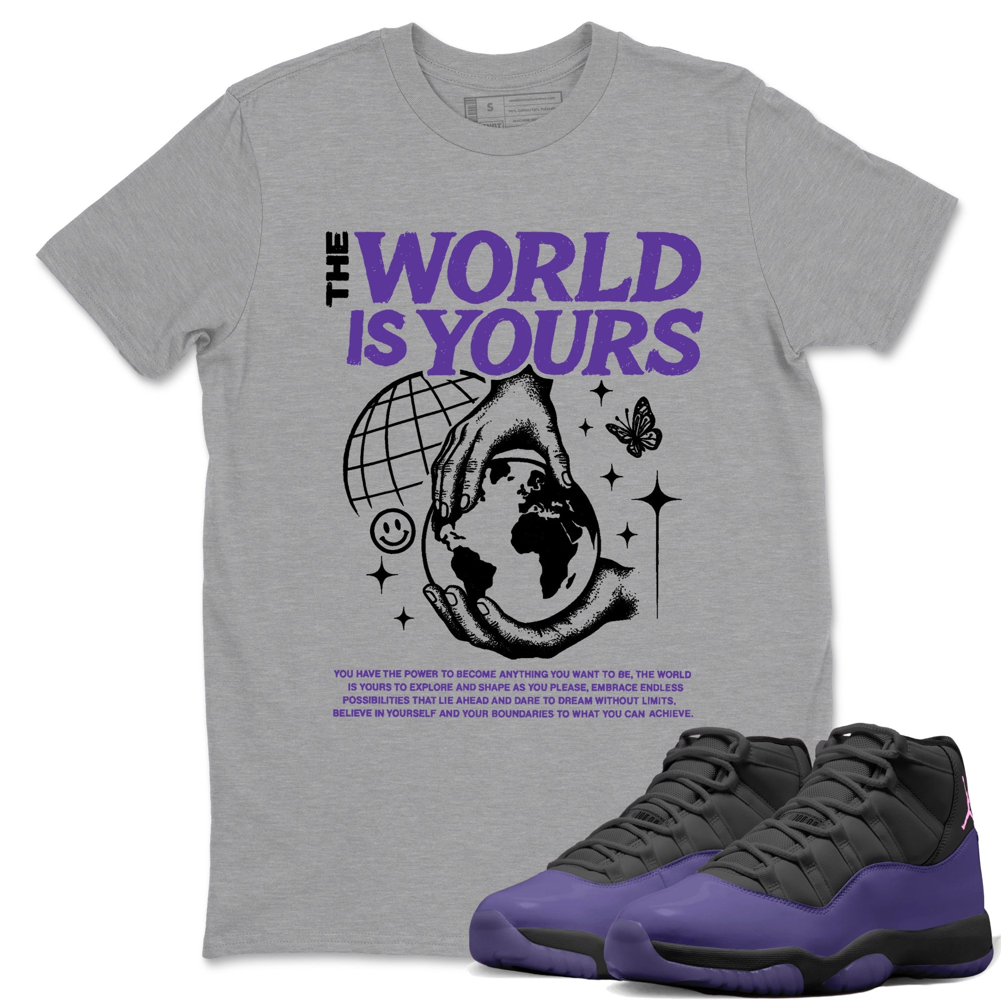 Sneaker match tees – Sneaker Tees To Match Air Jordan 11 Canyon Purple Shoes – The World Is Yours Tee Heather Grey 1