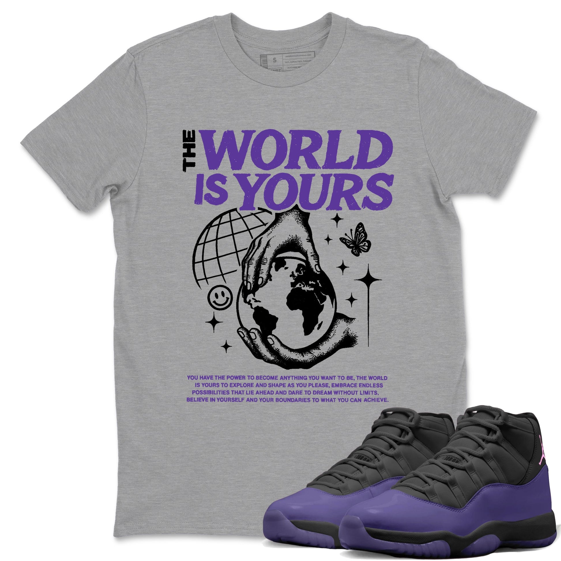 Sneaker match tees – Sneaker Tees To Match Air Jordan 11 Canyon Purple Shoes – The World Is Yours Tee Heather Grey 1