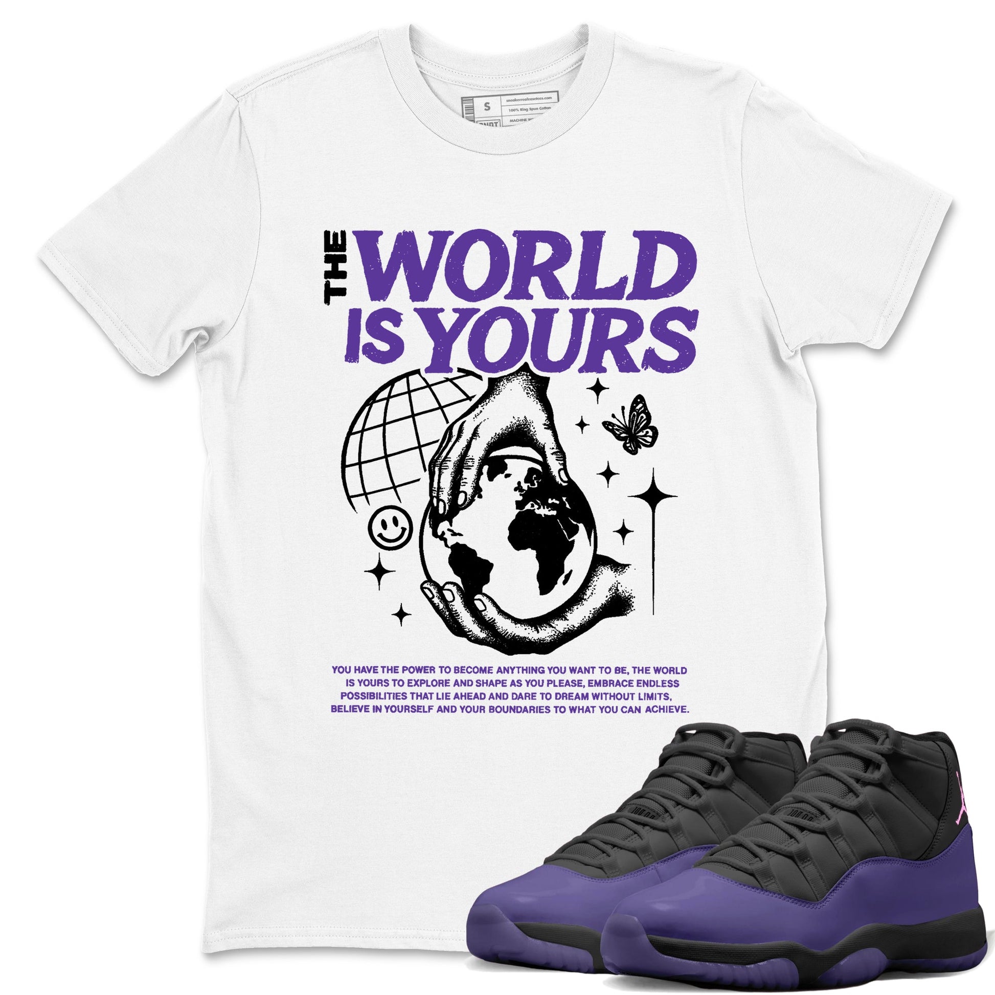Sneaker match tees – Sneaker Tees To Match Air Jordan 11 Canyon Purple Shoes – The World Is Yours Tee White 1