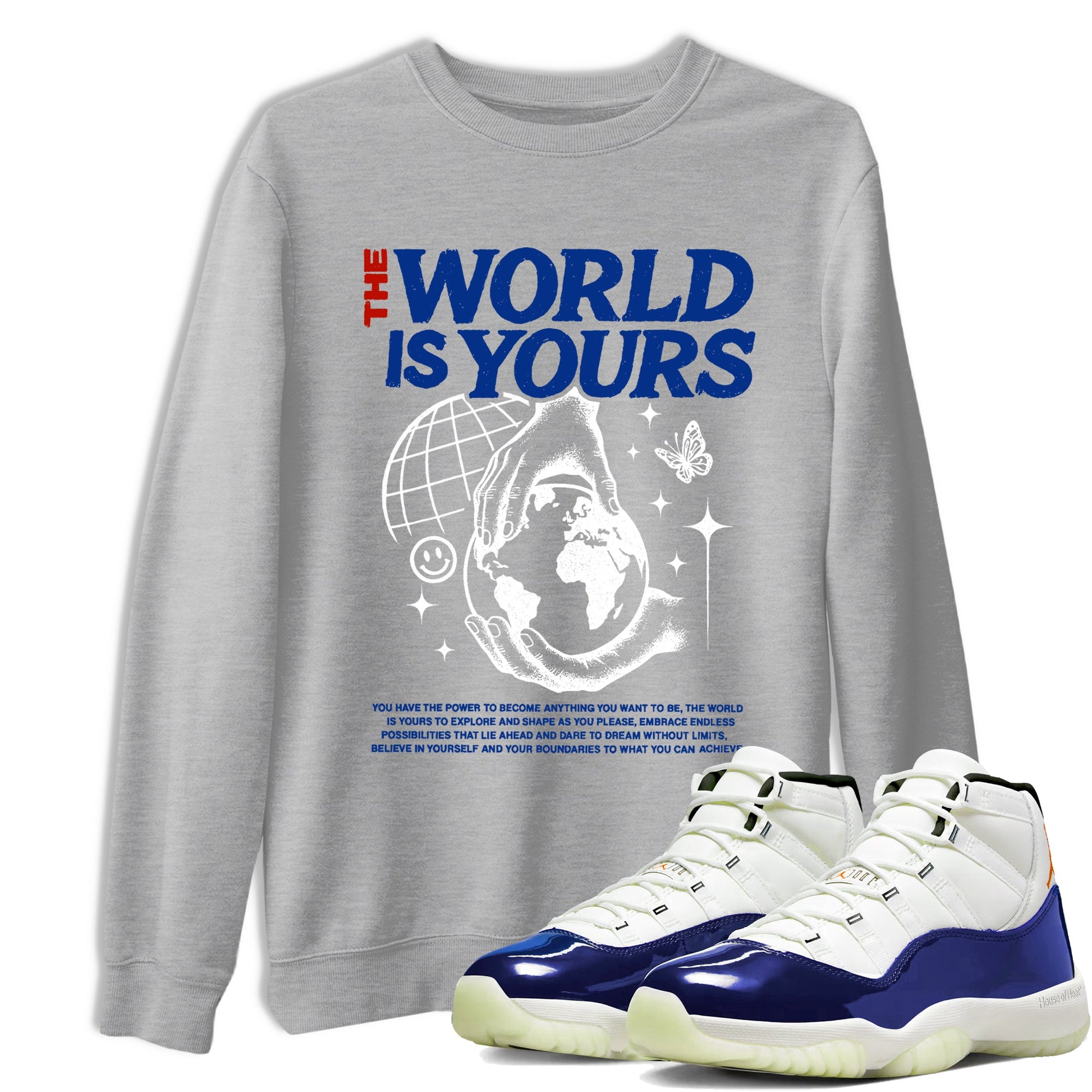 Sneaker Threads – Sneaker Tees To Match Air Jordan 11 Rare Air – The World Is Yours Graphic Tee Heather Grey 1. Perfect for Jordan releases 2025 colorways.
