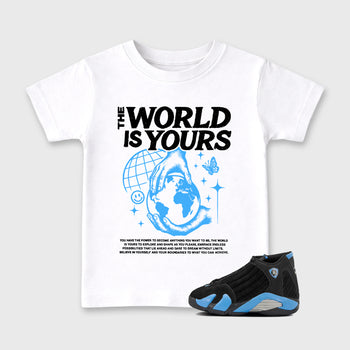 Sneaker match tees – Sneaker Tees To Match Air Jordan 14 University Blue Shoes – The World Is Yours Kids T-Shirt White 1