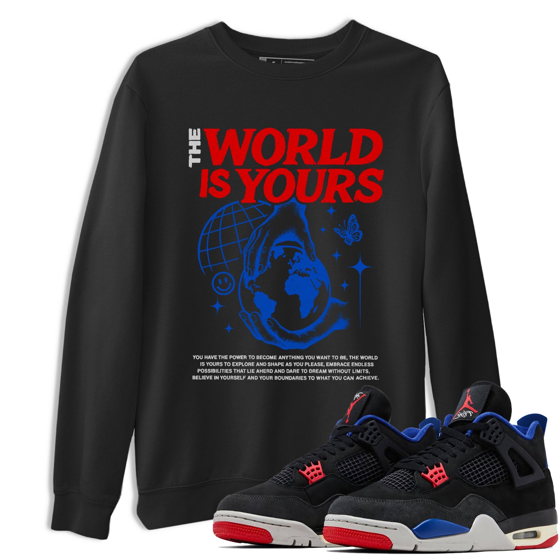 Sneaker match tees – Sneaker Tees To Match Jordan 4 Retro Rare Air Shoes – The World Is Yours Tee Black 1