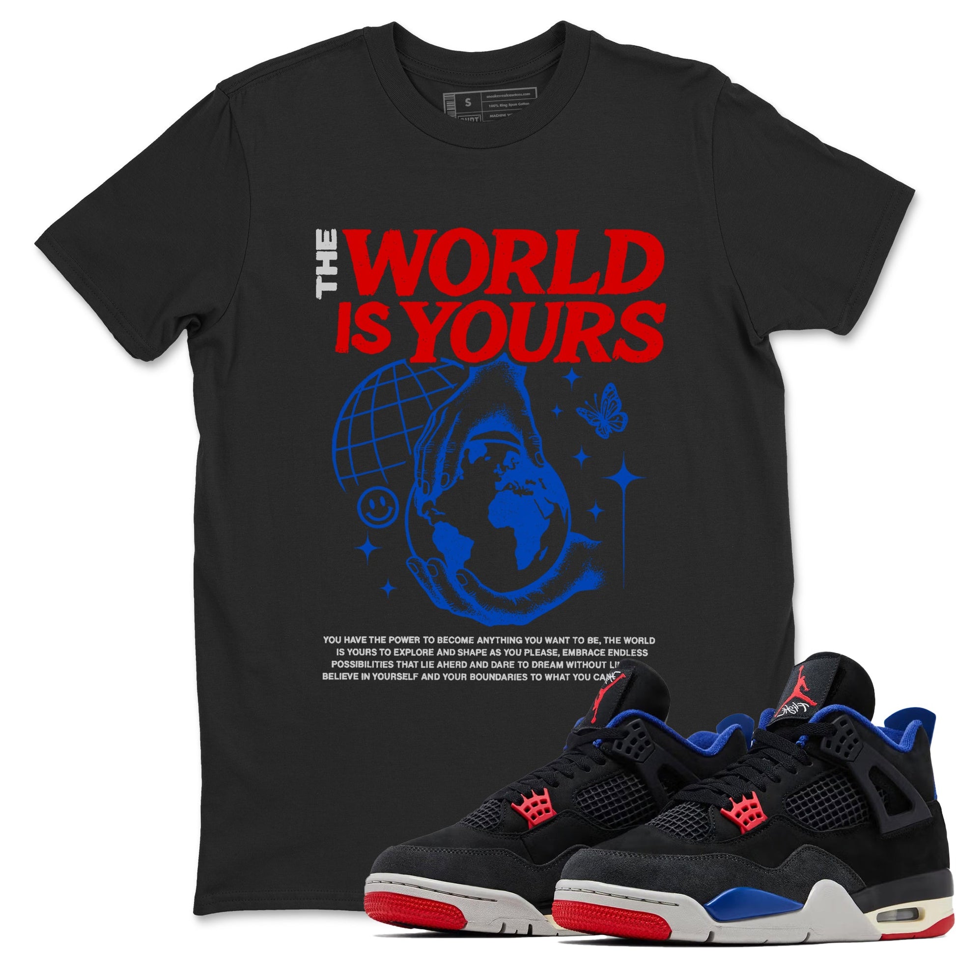 Sneaker match tees – Sneaker Tees To Match Jordan 4 Retro Rare Air Shoes – The World Is Yours Tee Black 1