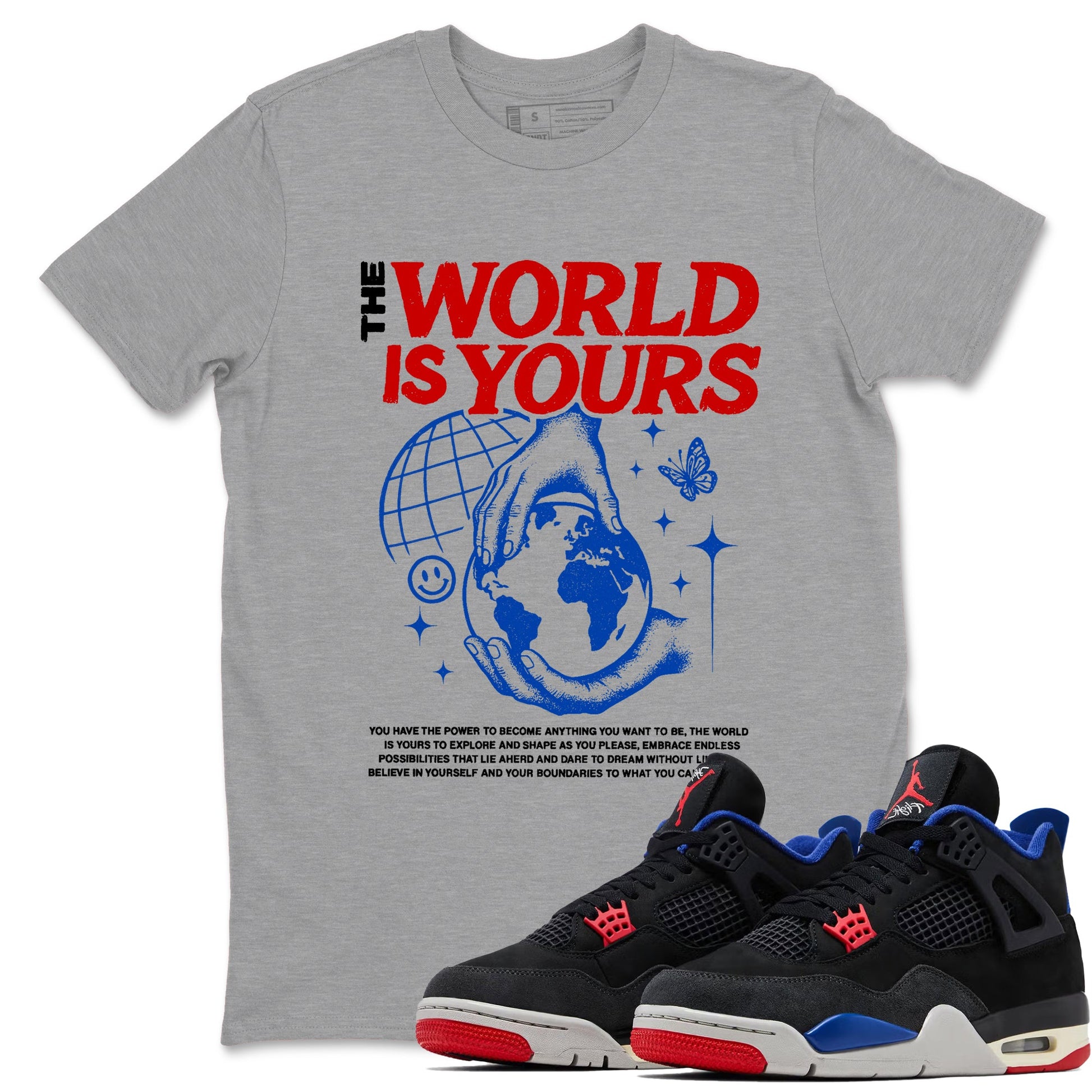 Sneaker match tees – Sneaker Tees To Match Jordan 4 Retro Rare Air Shoes – The World Is Yours Tee Heather Grey 1