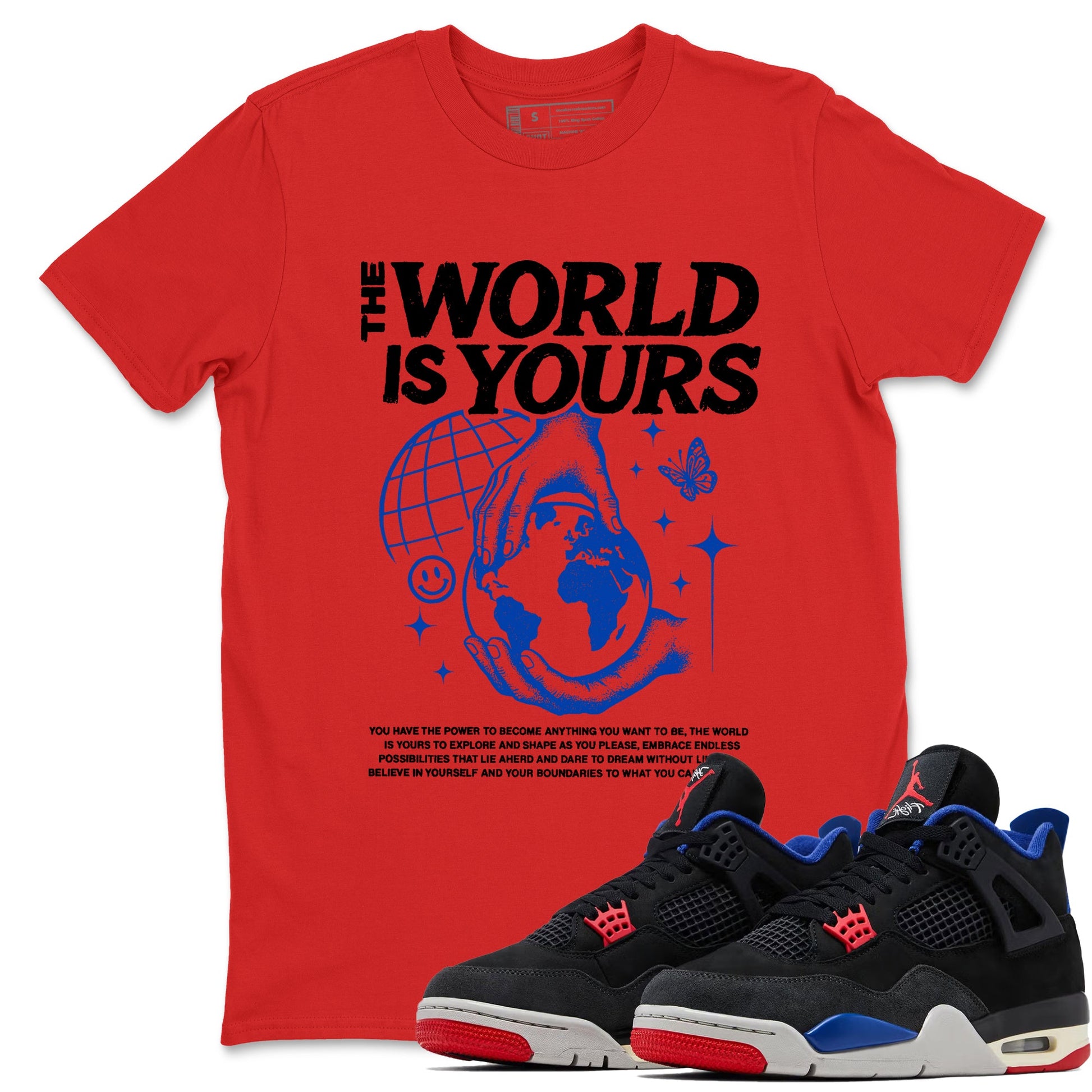 Sneaker match tees – Sneaker Tees To Match Jordan 4 Retro Rare Air Shoes – The World Is Yours Tee Red 1