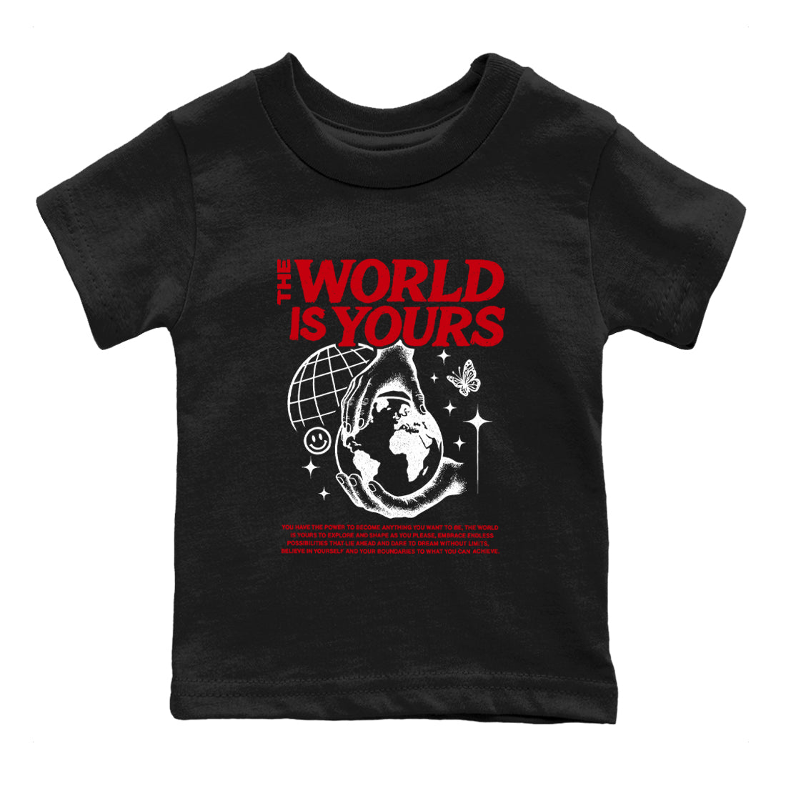 5s Fire Red Sneaker match tees – Sneaker Tees To Match Jordan 5 Retro Fire Red Sneakers – The World Is Yours Kids Graphic T-Shirt Black 2