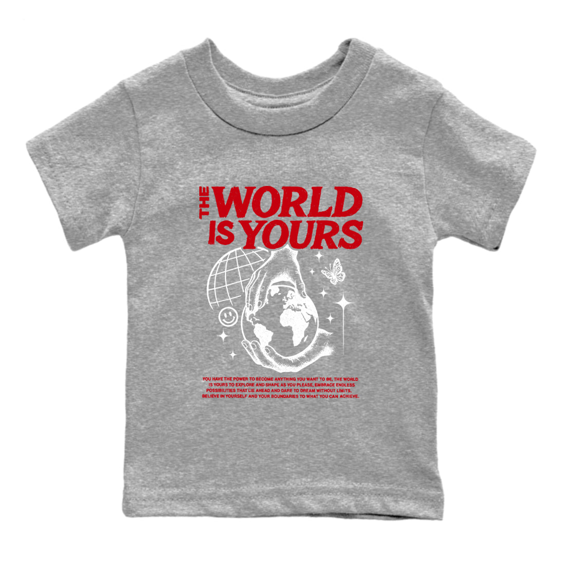 5s Fire Red Sneaker match tees – Sneaker Tees To Match Jordan 5 Retro Fire Red Sneakers – The World Is Yours Kids Graphic T-Shirt Heather Grey 2