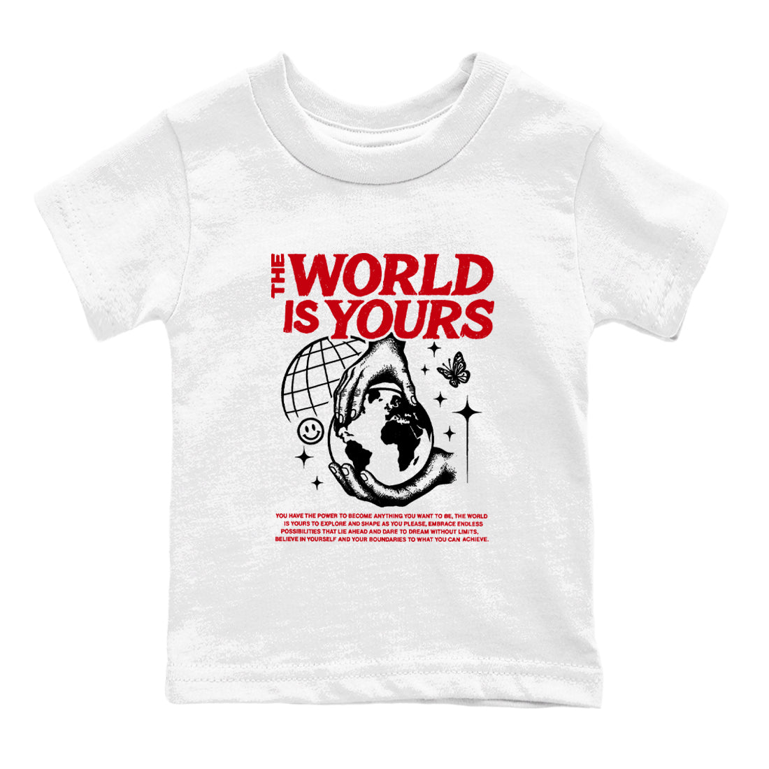 5s Fire Red Sneaker match tees – Sneaker Tees To Match Jordan 5 Retro Fire Red Sneakers – The World Is Yours Kids Graphic T-Shirt White 2