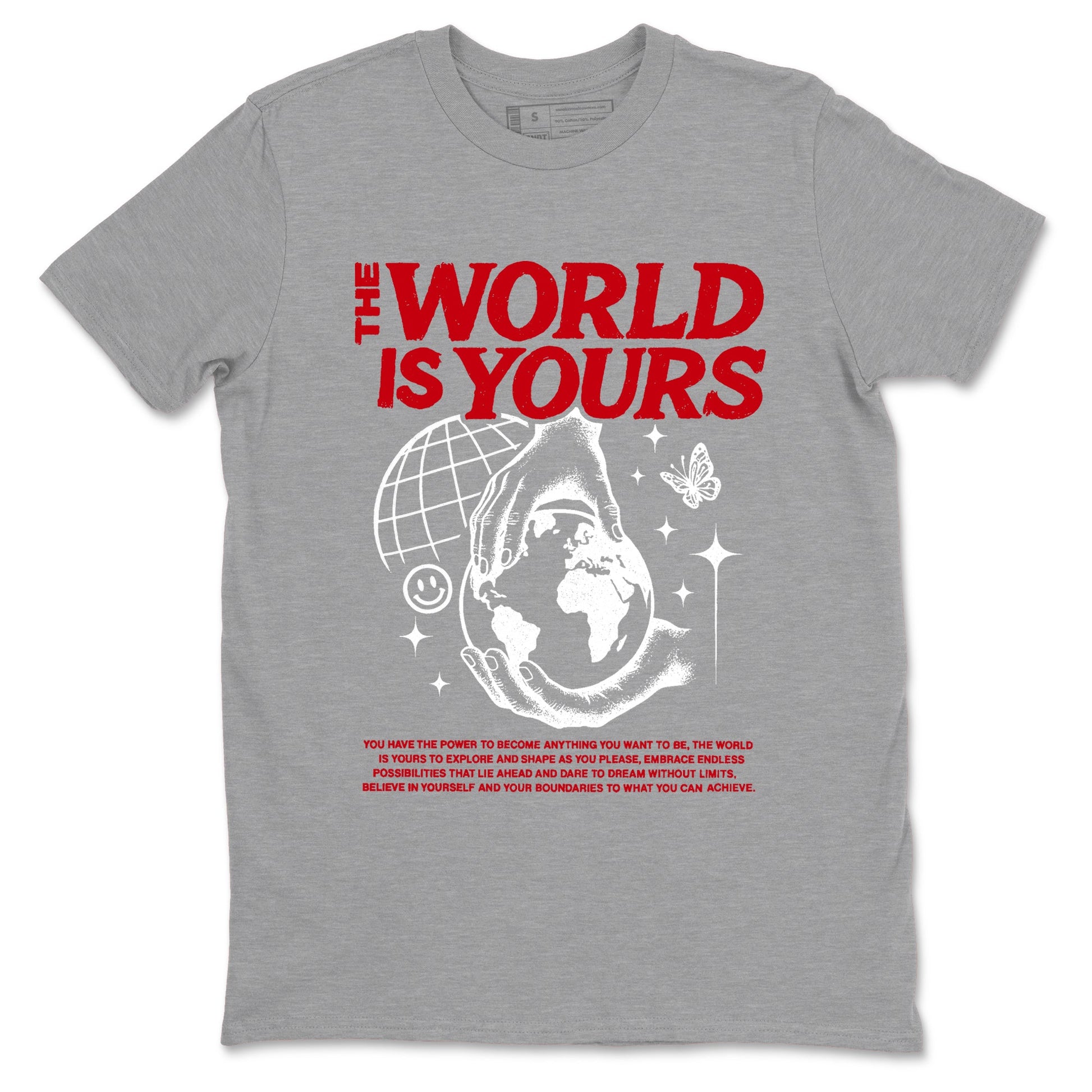 5s Fire Red Sneaker match tees – Sneaker Tees To Match Jordan 5 Retro Fire Red Sneakers – The World Is Yours Graphic Tee Heather Grey 2