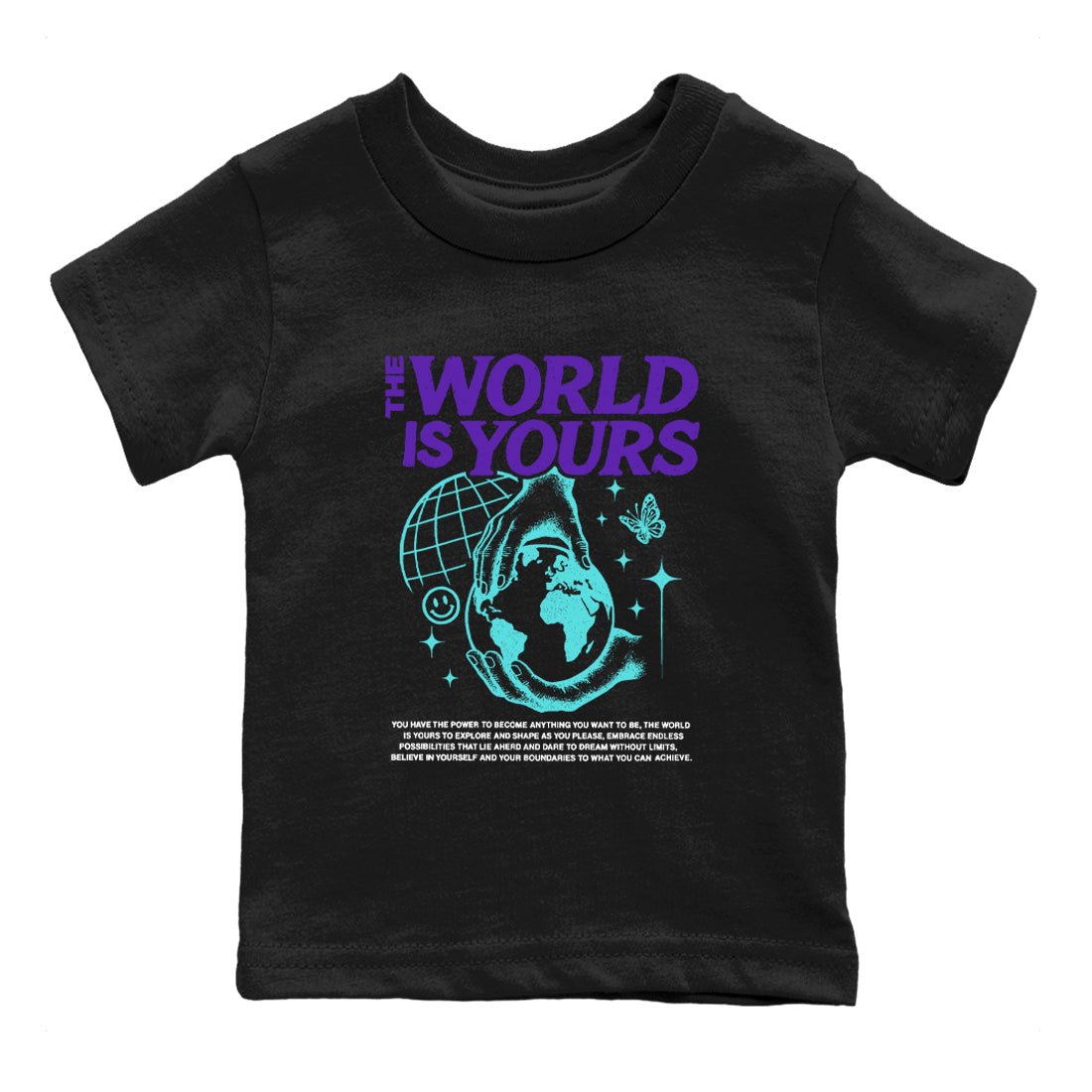 The World Is Yours baby and kids t-shirt crafted for little sneakerheads to shine with the Air Jordan 5 Grape sneakers, displayed in Black 2.