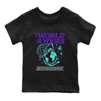 The World Is Yours baby and kids t-shirt crafted for little sneakerheads to shine with the Air Jordan 5 Grape sneakers, displayed in Black 2.