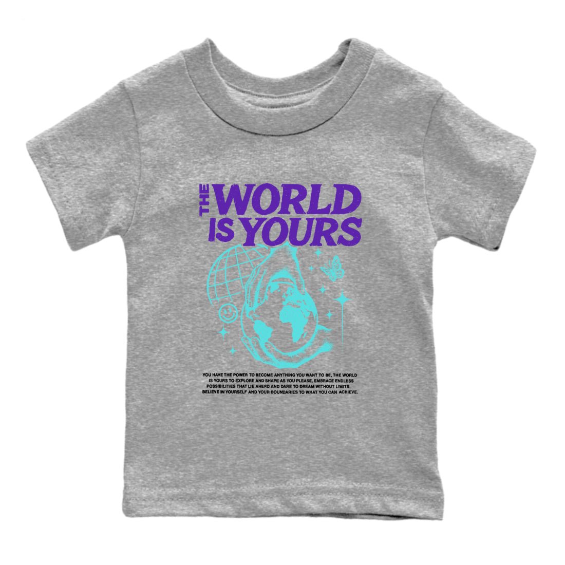 The World Is Yours baby and kids t-shirt crafted for little sneakerheads to shine with the Air Jordan 5 Grape sneakers, displayed in Heather Grey 2.